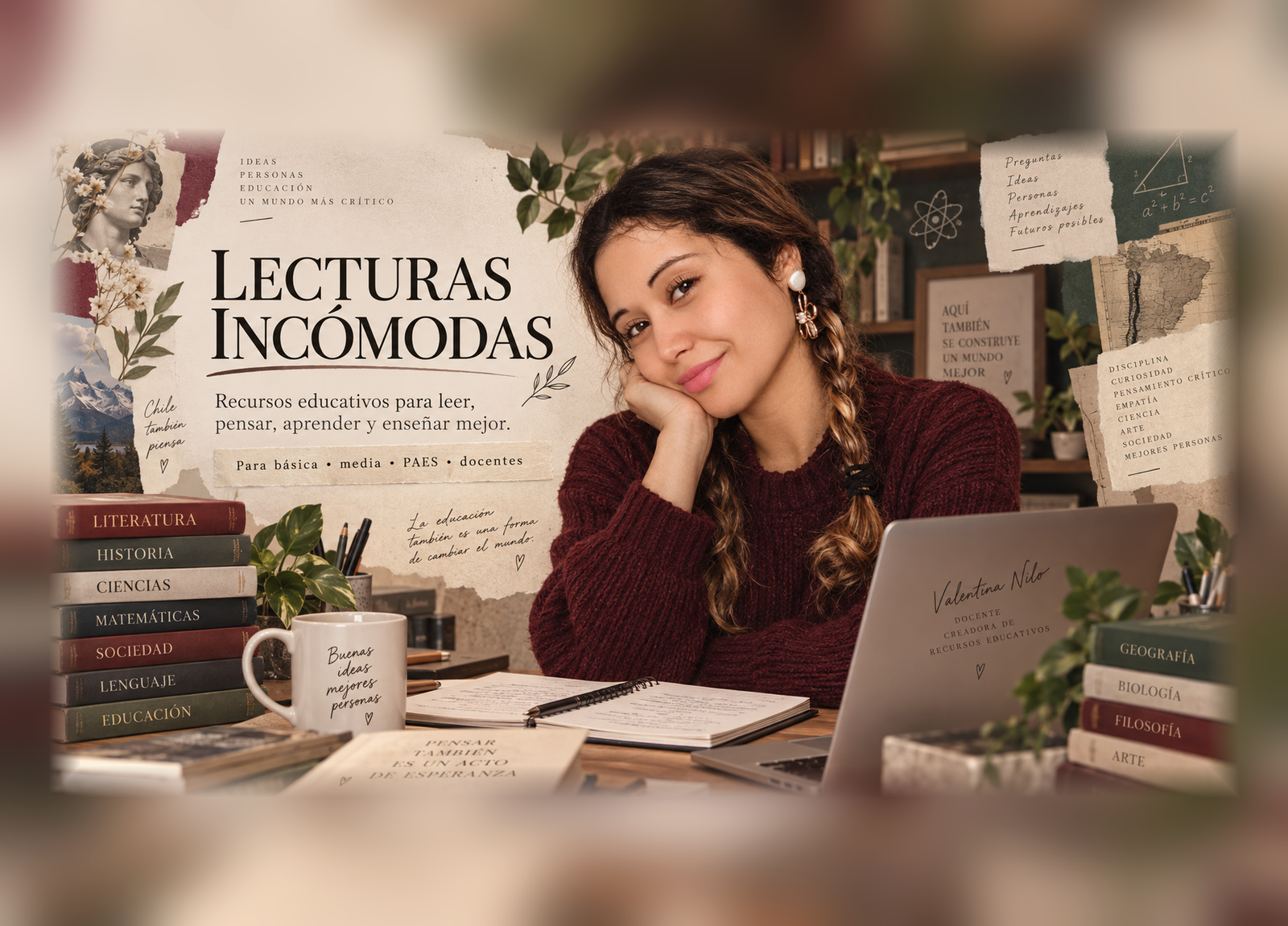 Lecturas Incómodas: recursos educativos para leer, pensar, aprender y enseñar mejor. La imagen presenta a Valentina Nilo junto a libros, cuadernos y referencias a educación, pensamiento crítico y diversas áreas del conocimiento.